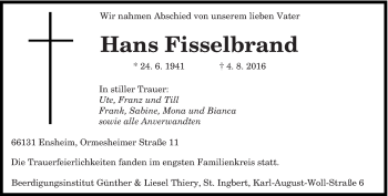 Traueranzeige von Hans Fisselbrand von saarbruecker_zeitung