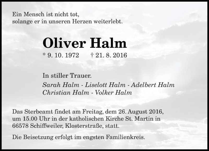  Traueranzeige für Oliver Halm vom 25.08.2016 aus saarbruecker_zeitung