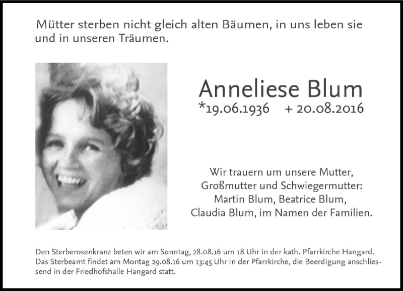 Traueranzeigen von Anneliese Blum Saarbruecker Zeitung.Trauer.de