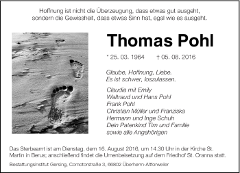 Traueranzeigen Von Thomas Pohl Saarbruecker Zeitung Trauer De