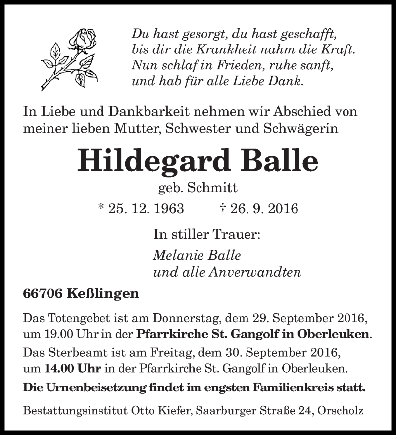  Traueranzeige für Hildegard Balle vom 28.09.2016 aus saarbruecker_zeitung