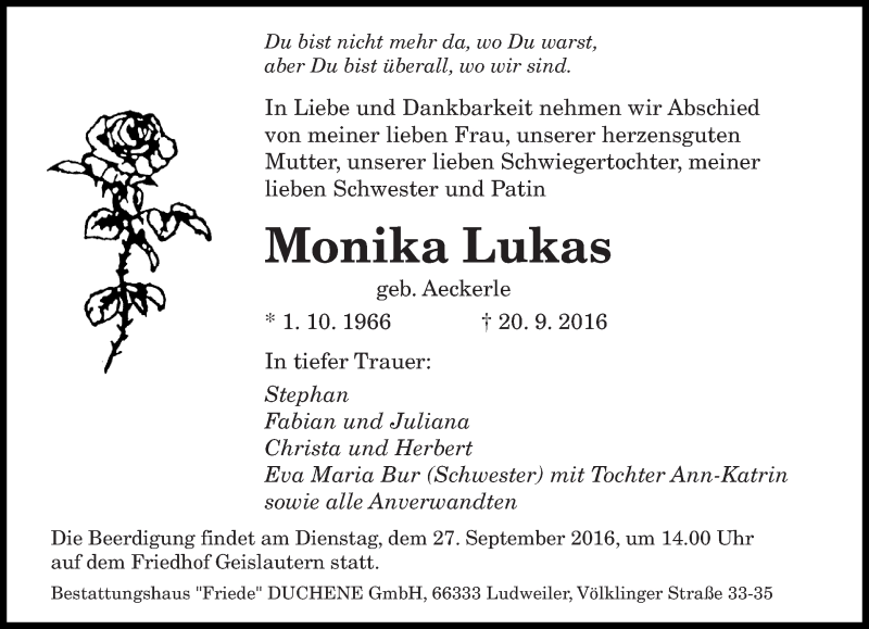  Traueranzeige für Monika Lukas vom 24.09.2016 aus saarbruecker_zeitung