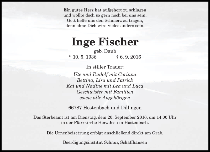  Traueranzeige für Inge Fischer vom 14.09.2016 aus saarbruecker_zeitung