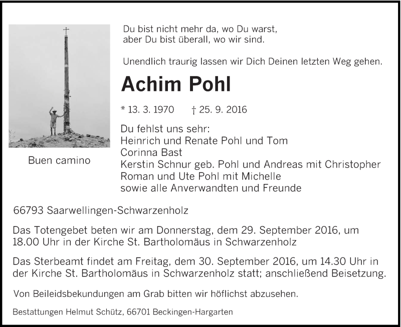  Traueranzeige für Achim Pohl vom 28.09.2016 aus saarbruecker_zeitung
