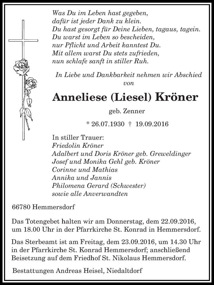  Traueranzeige für Anneliese Liesel Kröner vom 21.09.2016 aus saarbruecker_zeitung
