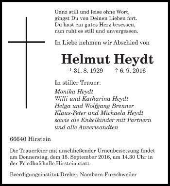 Traueranzeige von Helmut Heydt von saarbruecker_zeitung