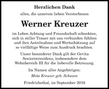 Traueranzeige von Werner Kreuzer von saarbruecker_zeitung