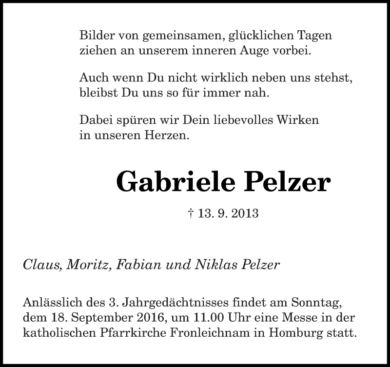  Traueranzeige für Gabriele Pelzer vom 13.09.2016 aus saarbruecker_zeitung
