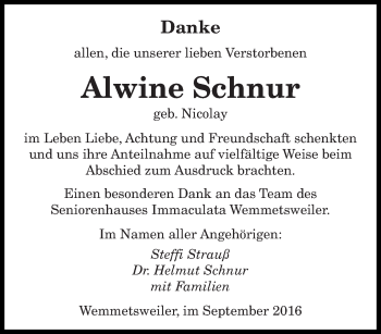 Traueranzeige von Alwine Schnur von saarbruecker_zeitung