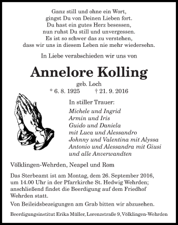 Traueranzeige von Annelore Kolling von saarbruecker_zeitung