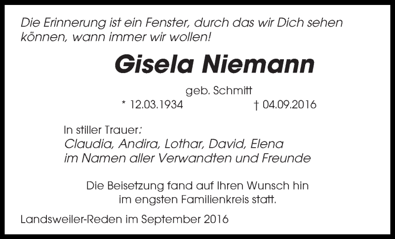 Traueranzeige für Gisela Niemann vom 17.09.2016 aus saarbruecker_zeitung