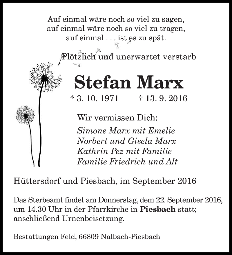  Traueranzeige für Stefan Marx vom 17.09.2016 aus saarbruecker_zeitung