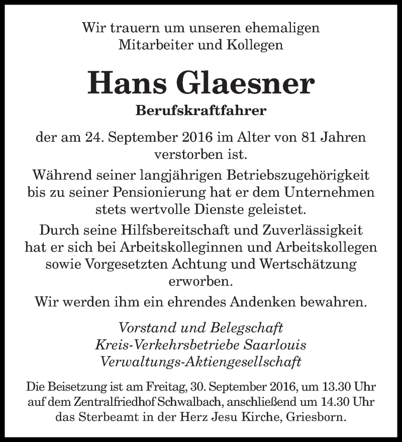  Traueranzeige für Hans Glaesner vom 28.09.2016 aus saarbruecker_zeitung