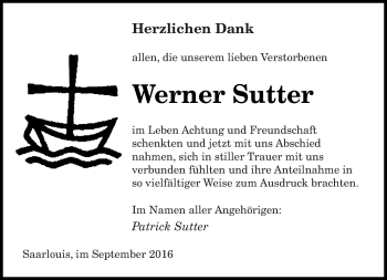 Traueranzeige von Werner Sutter von saarbruecker_zeitung