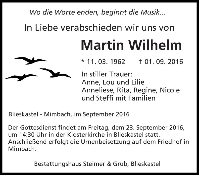  Traueranzeige für Martin Wilhelm vom 19.09.2016 aus saarbruecker_zeitung
