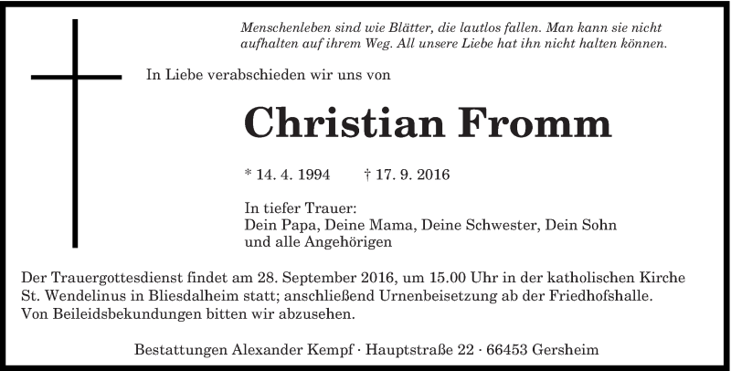  Traueranzeige für Christian Fromm vom 26.09.2016 aus saarbruecker_zeitung
