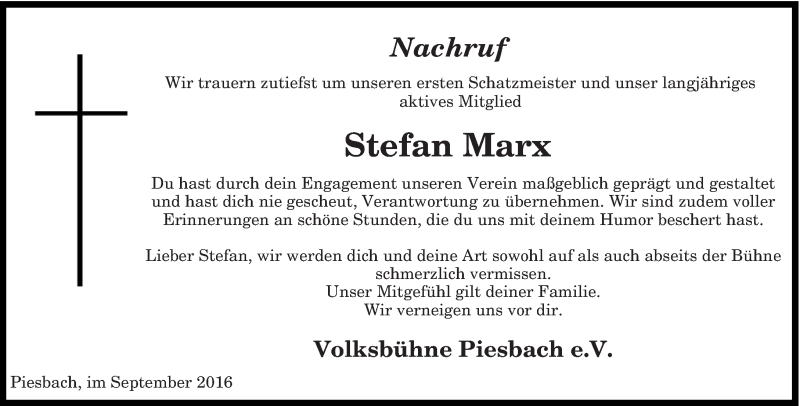  Traueranzeige für Stefan Marx vom 24.09.2016 aus saarbruecker_zeitung