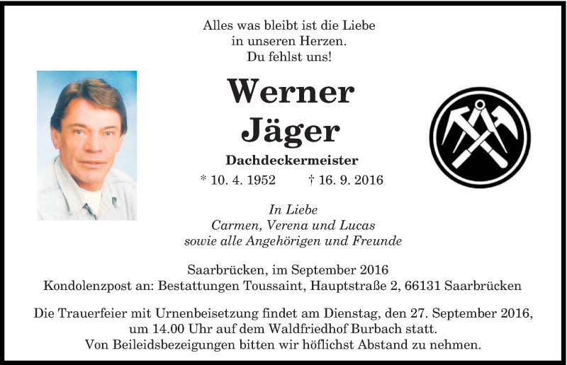  Traueranzeige für Werner Jäger vom 21.09.2016 aus saarbruecker_zeitung