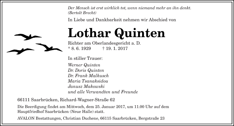  Traueranzeige für Lothar Quinten vom 21.01.2017 aus saarbruecker_zeitung