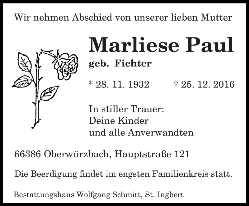 Traueranzeigen Von Marliese Paul Saarbruecker Zeitung Trauer De