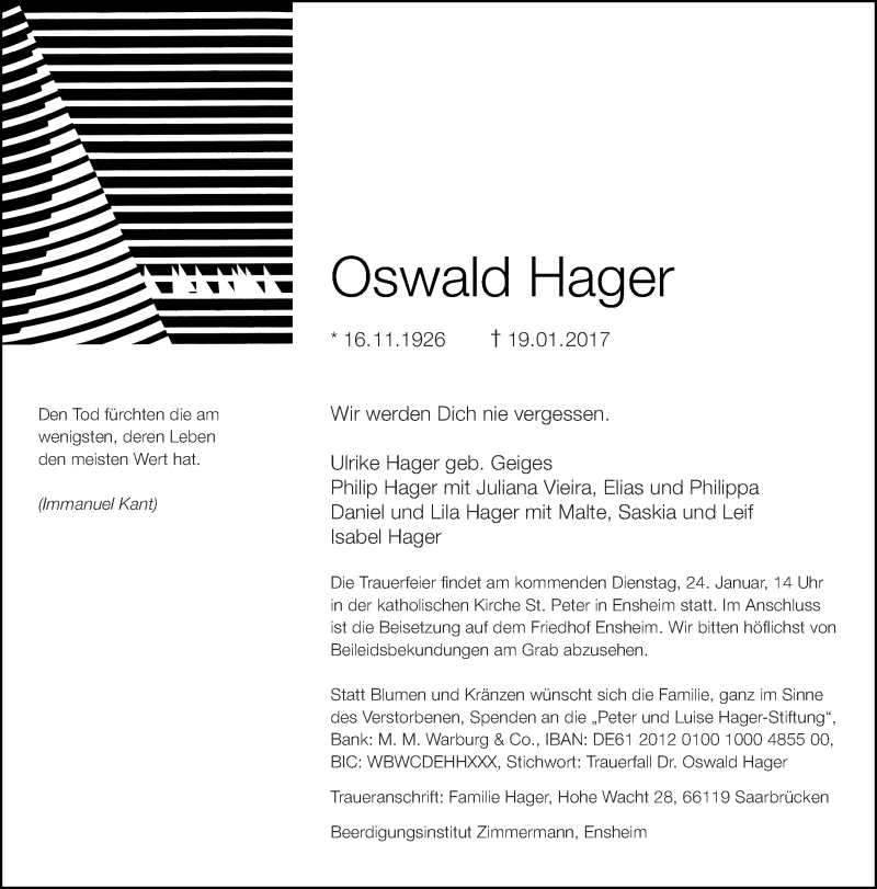  Traueranzeige für Oswald Hager vom 21.01.2017 aus saarbruecker_zeitung