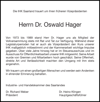 Traueranzeige von Oswald Hager von saarbruecker_zeitung