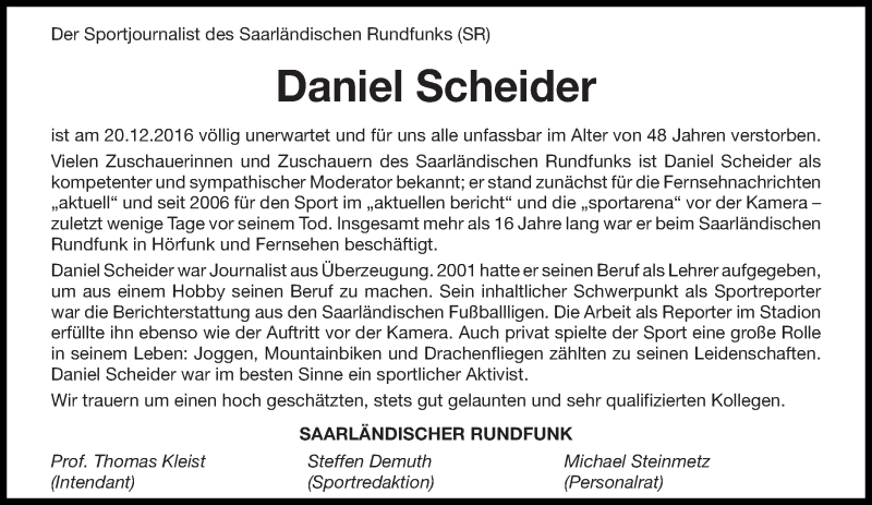  Traueranzeige für Daniel Scheider vom 02.01.2017 aus saarbruecker_zeitung