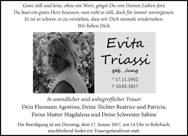  Traueranzeige für Evita Triassi vom 16.01.2017 aus saarbruecker_zeitung