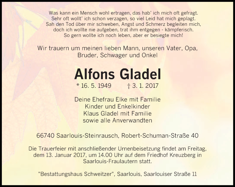 Traueranzeige für Alfons Gladel vom 07.01.2017 aus saarbruecker_zeitung