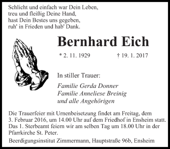 Traueranzeige von Bernhard Eich von saarbruecker_zeitung