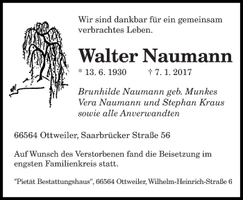 Traueranzeige von Walter Naumann von saarbruecker_zeitung