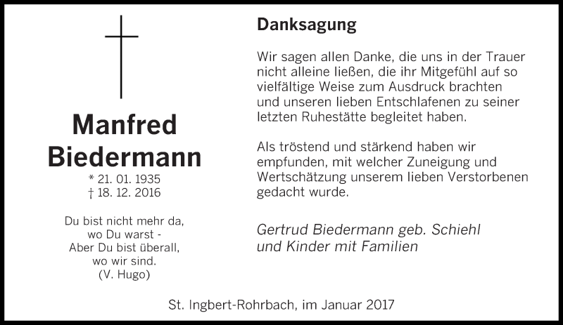  Traueranzeige für Manfred Biedermann vom 13.01.2017 aus saarbruecker_zeitung