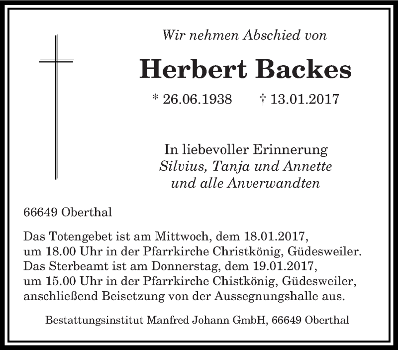 Traueranzeigen Von Herbert Backes Saarbruecker Zeitung Trauer De