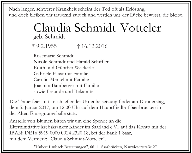  Traueranzeige für Claudia Schmidt-Votteler vom 31.12.2016 aus saarbruecker_zeitung