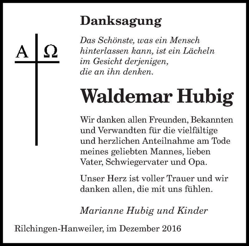  Traueranzeige für Waldemar Hubig vom 31.12.2016 aus saarbruecker_zeitung