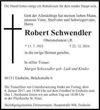 Traueranzeige von Robert Schwendler von saarbruecker_zeitung