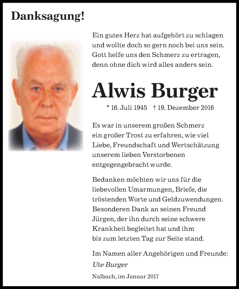  Traueranzeige für Alwis Burger vom 14.01.2017 aus saarbruecker_zeitung