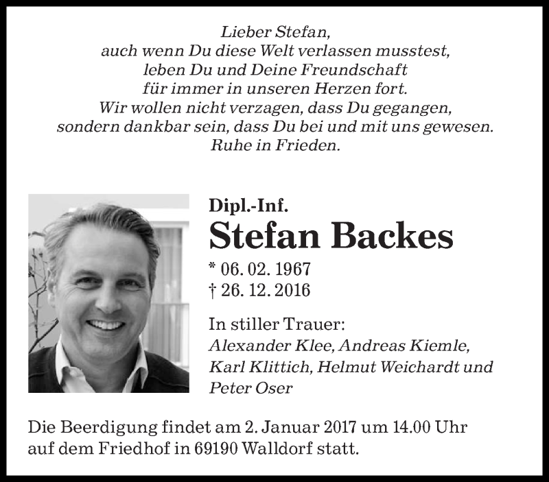  Traueranzeige für Stefan Backes vom 31.12.2016 aus saarbruecker_zeitung