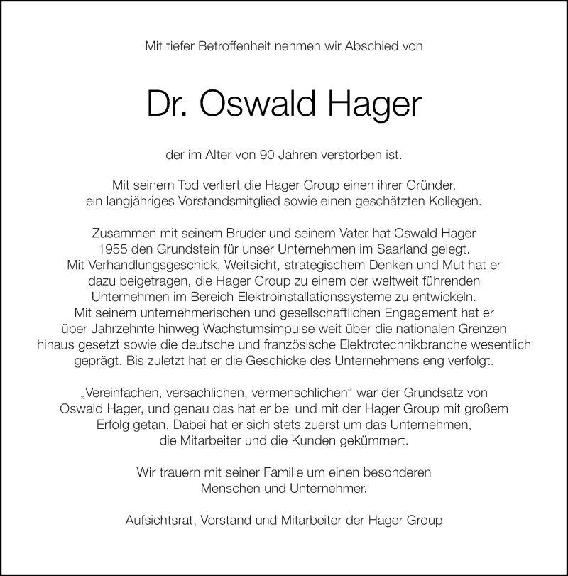  Traueranzeige für Oswald Hager vom 21.01.2017 aus saarbruecker_zeitung