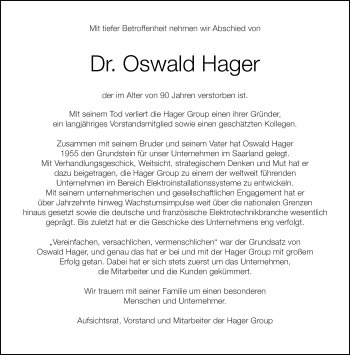 Traueranzeige von Oswald Hager von saarbruecker_zeitung