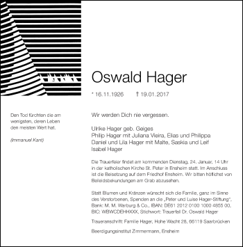 Traueranzeige von Oswald Hager von saarbruecker_zeitung