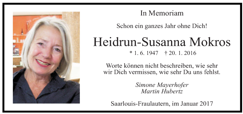  Traueranzeige für Heidrun-Susanna Mokros vom 20.01.2017 aus saarbruecker_zeitung