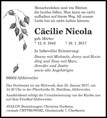 Traueranzeige von Cäcilie Nicola von saarbruecker_zeitung