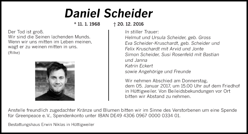  Traueranzeige für Daniel Scheider vom 02.01.2017 aus saarbruecker_zeitung