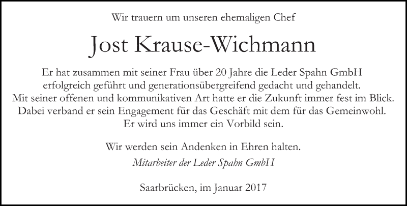  Traueranzeige für Jost Krause-Wichmann vom 21.01.2017 aus saarbruecker_zeitung