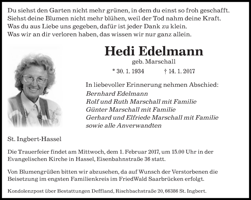  Traueranzeige für Hedi Edelmann vom 24.01.2017 aus saarbruecker_zeitung