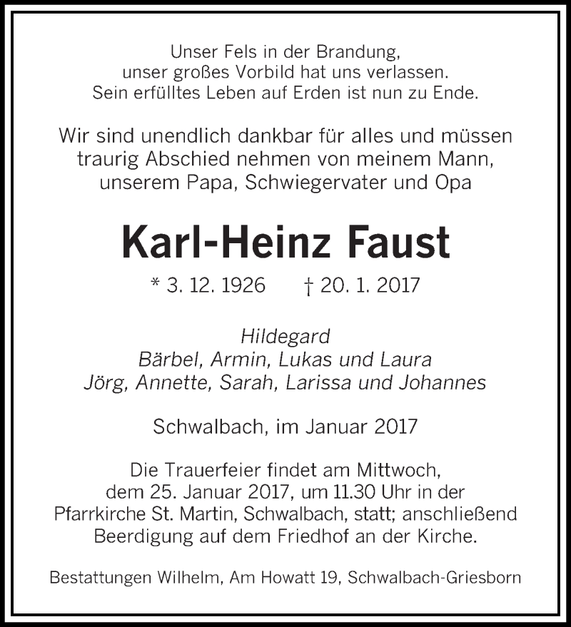 Traueranzeigen Von Karl Heinz Faust Saarbruecker Zeitung Trauer De