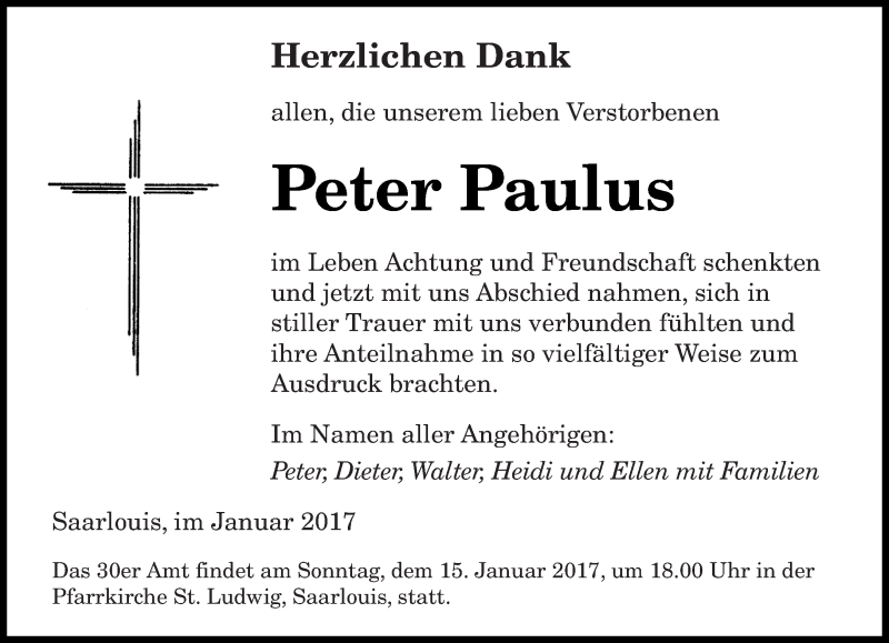  Traueranzeige für Peter Paulus vom 07.01.2017 aus saarbruecker_zeitung