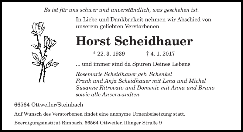  Traueranzeige für Horst Scheidhauer vom 11.01.2017 aus saarbruecker_zeitung
