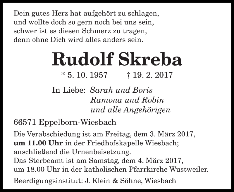  Traueranzeige für Rudolf Skreba vom 25.02.2017 aus saarbruecker_zeitung